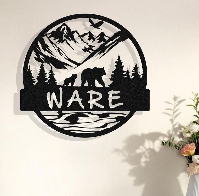 Custom Wilderness Bear Cabin Sign, Mountain House Sign Personalized, Outdoor Bear Decor, Door Decor