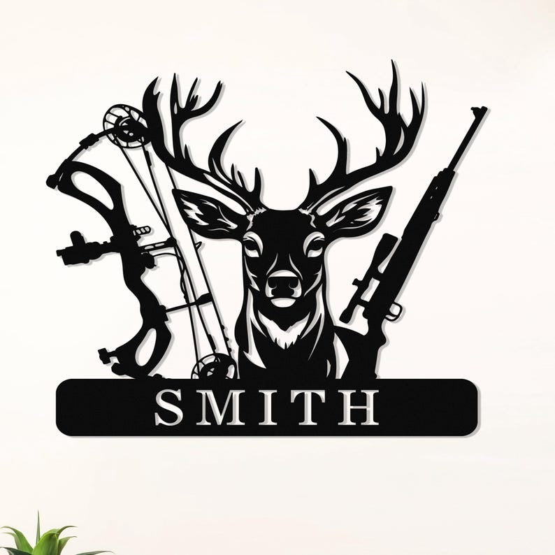 Personalized Deer Hunter Metal Sign, Custom Deer Cabin Sign, Family Name Bow and Hunting Rifle Sign