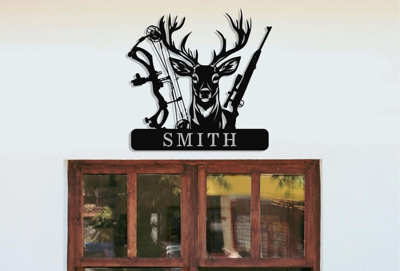 Personalized Deer Hunter Metal Sign, Custom Deer Cabin Sign, Family Name Bow and Hunting Rifle Sign