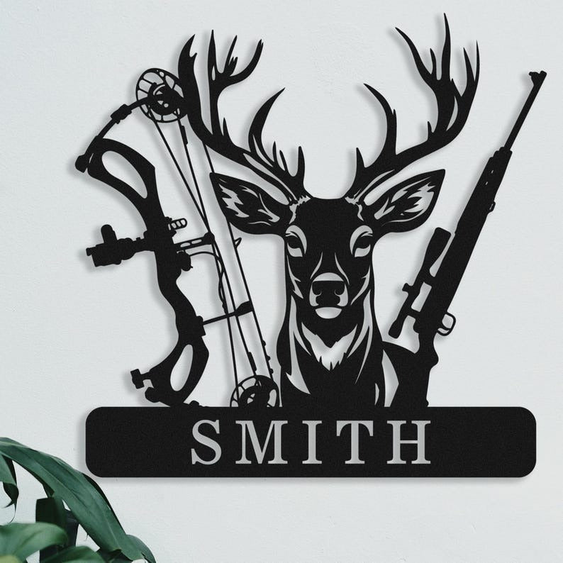 Personalized Deer Hunter Metal Sign, Custom Deer Cabin Sign, Family Name Bow and Hunting Rifle Sign