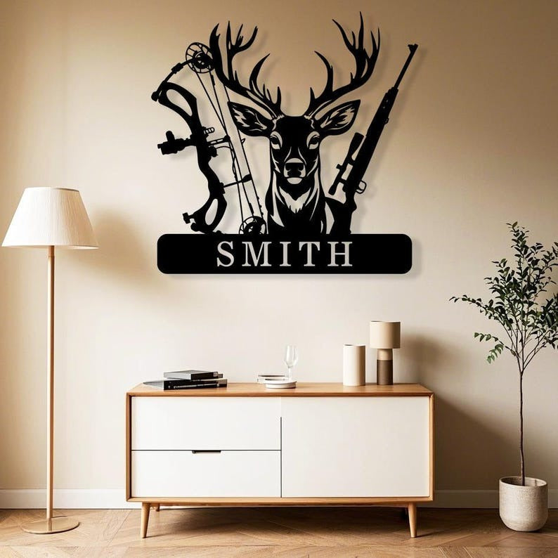 Personalized Deer Hunter Metal Sign, Custom Deer Cabin Sign, Family Name Bow and Hunting Rifle Sign