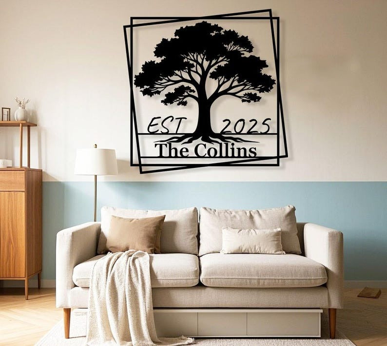 Custom Family Name Sign, Personalized Wedding Anniversary Gifts, Metal Forest Tree Wall Art