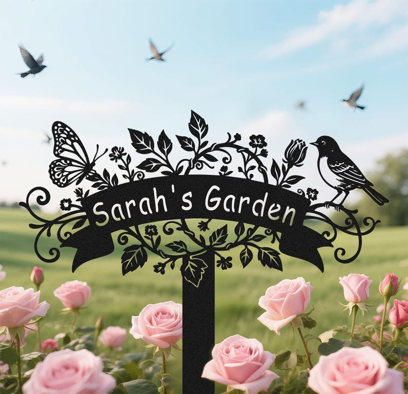 Custom Metal Garden Sign, Personalized Bird Flower Butterfly Design Sign
