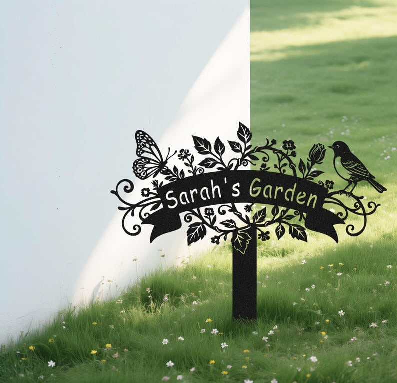 Custom Metal Garden Sign, Personalized Bird Flower Butterfly Design Sign