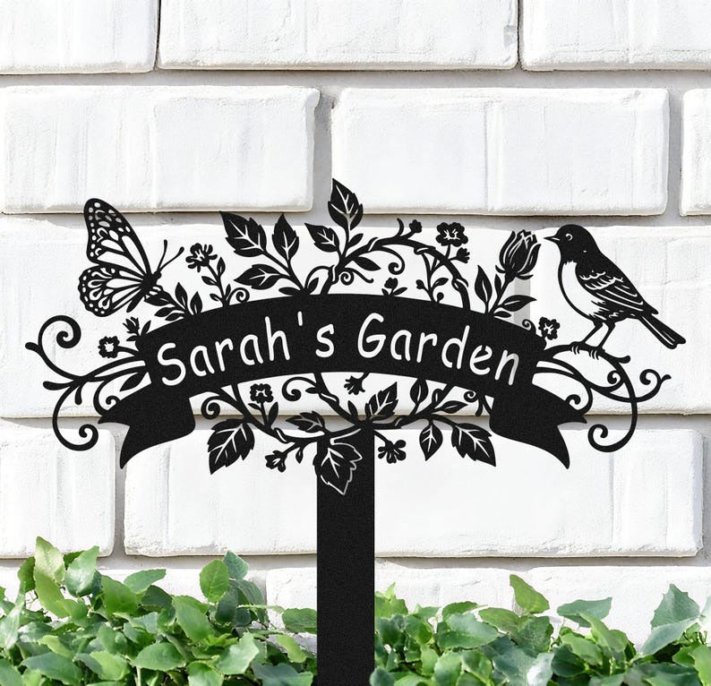 Custom Metal Garden Sign, Personalized Bird Flower Butterfly Design Sign
