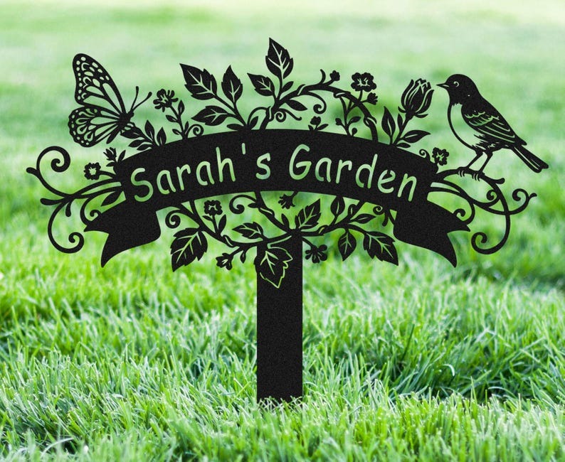 Custom Metal Garden Sign, Personalized Bird Flower Butterfly Design Sign