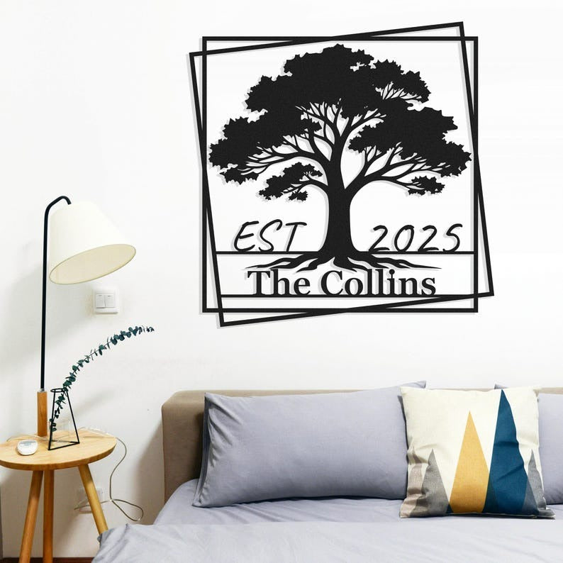 Custom Family Name Sign, Personalized Wedding Anniversary Gifts, Metal Forest Tree Wall Art