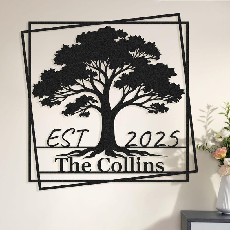 Custom Family Name Sign, Personalized Wedding Anniversary Gifts, Metal Forest Tree Wall Art