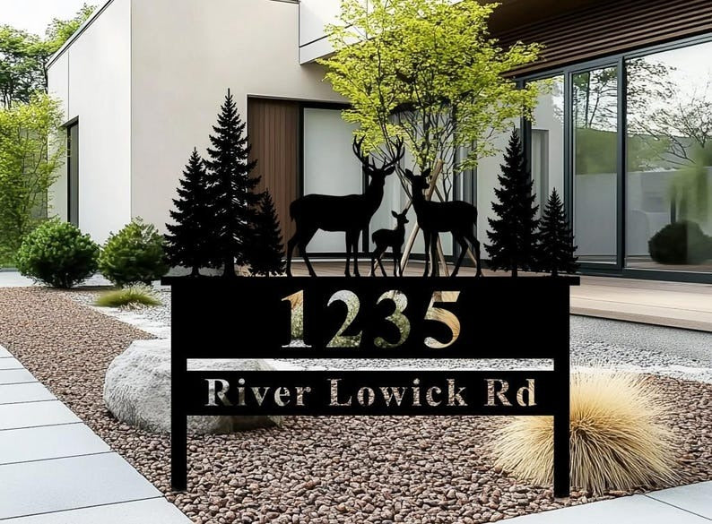 Custom Modern Metal House Number Sign with Stakes, Personalized Outdoor Address Sign