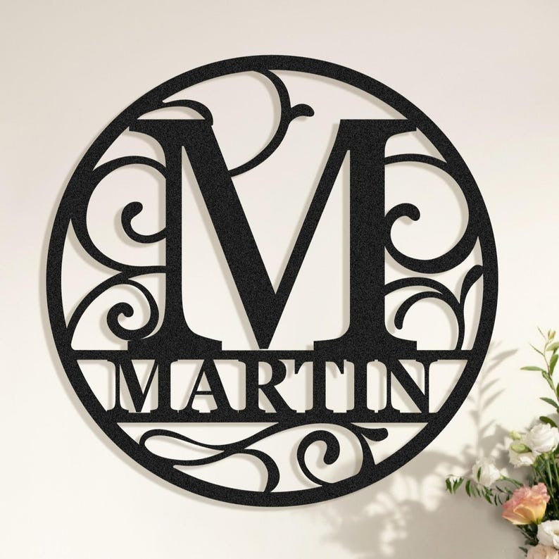 Personalized Metal Monogram Name Sign, Custom Family Initial Name Sign, Round Last Name Sign, Wedding Monogram Wall Decor, Front Door Hanger