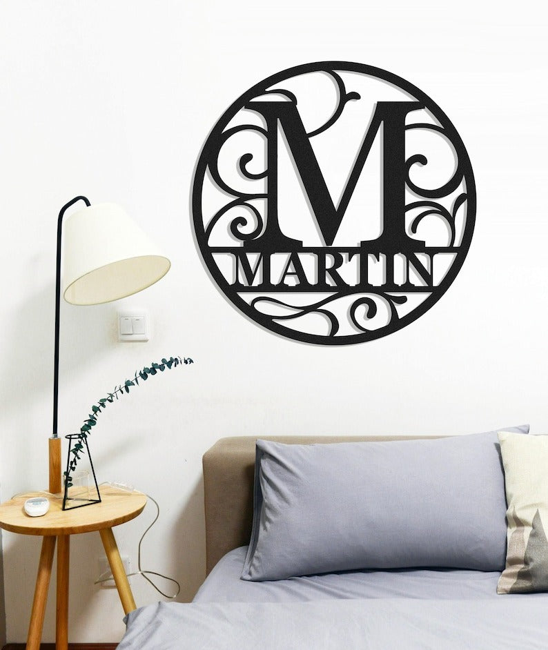 Personalized Metal Monogram Name Sign, Custom Family Initial Name Sign, Round Last Name Sign, Wedding Monogram Wall Decor, Front Door Hanger