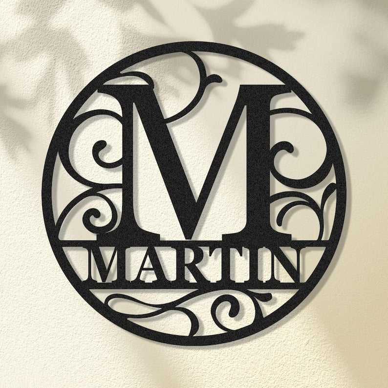 Personalized Metal Monogram Name Sign, Custom Family Initial Name Sign, Round Last Name Sign, Wedding Monogram Wall Decor, Front Door Hanger